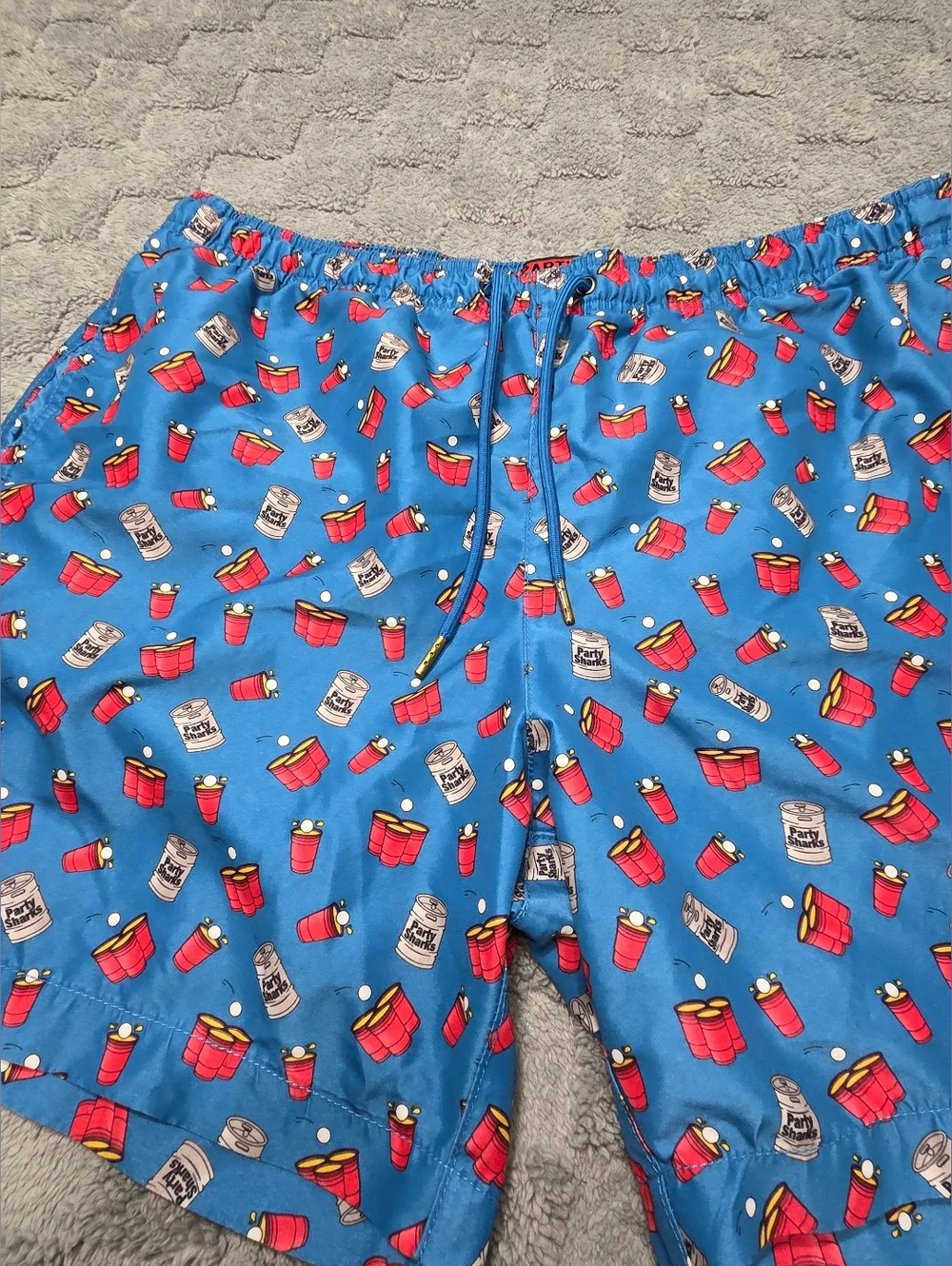 Party Sharks Swim Trunks Men's Blue Printed Swim Trunks with Fun Red Cup Pattern - Picture 6 of 9